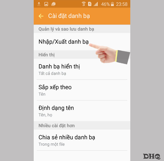 Chọn Nhập/Xuất danh bạ